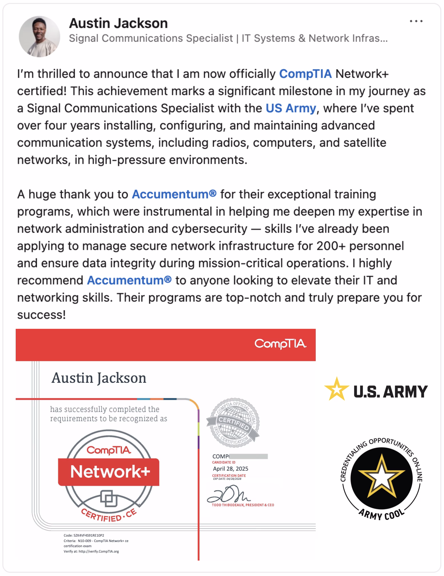 Client Endorsement of Accumentum Cybersecurity Certification Training with Army Credentialing Assistance